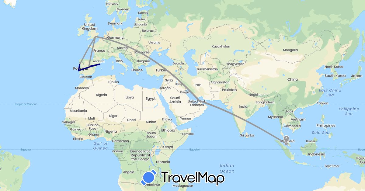 TravelMap itinerary: driving, plane in United Arab Emirates, Spain, United Kingdom, Malaysia, Portugal (Asia, Europe)
